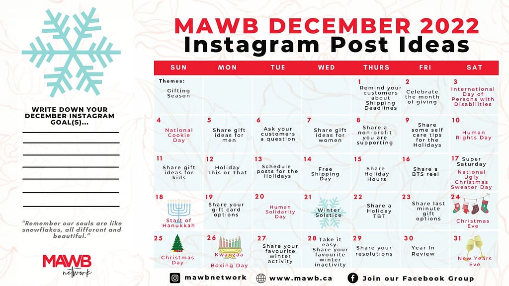 December 2022 Calendar filled with important dates, and 31 social media post ideas. title is: 31 Instagram Post Ideas for December 2022