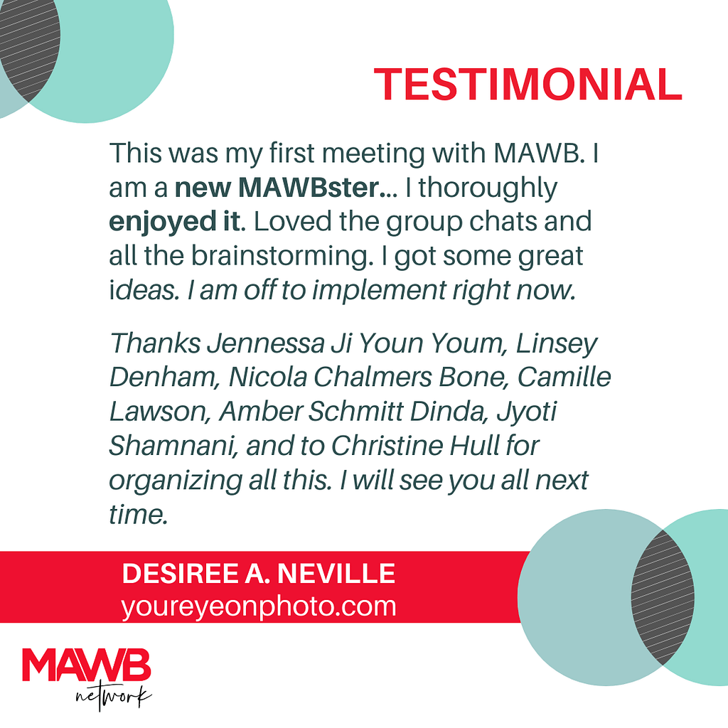 Testimonial from Desiree about August Online Meet Up