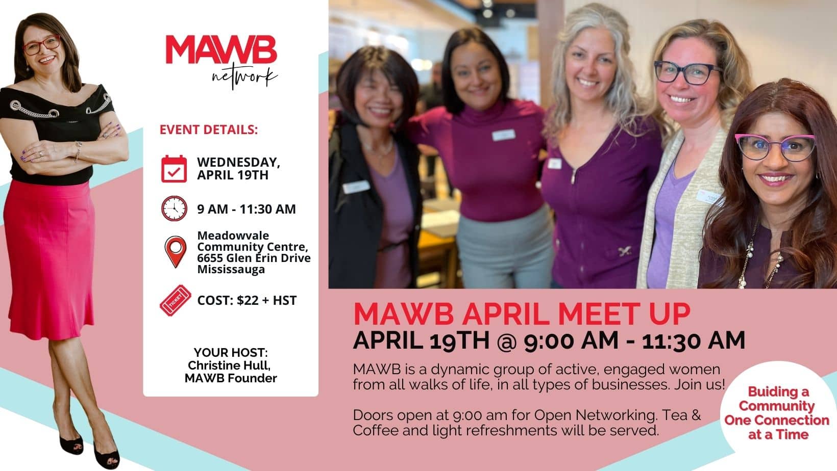 Business women standing with arms around each other at a meeting - MAWB Meet Up - April 19th